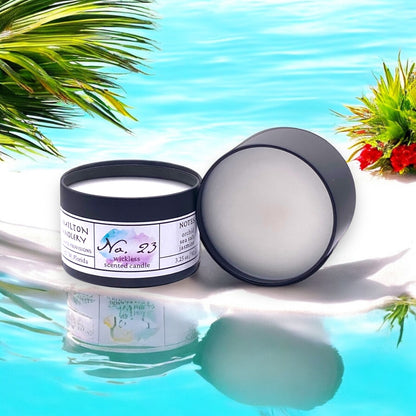 Fragrance No. 23 Wickless Candle Melts on beach with background of white sand and palm trees | Hamilton Chandlery