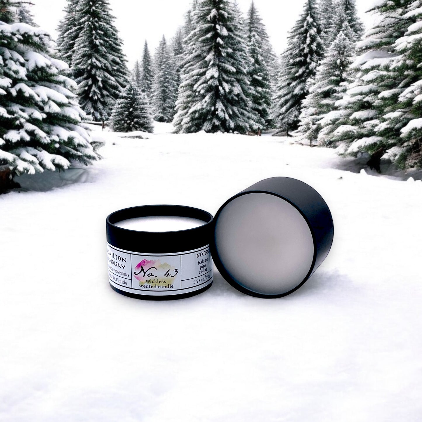 Fragrance No. 43 Wickless Candle Melts on snow with Christmas Tree Farm in background | Hamilton Chandlery