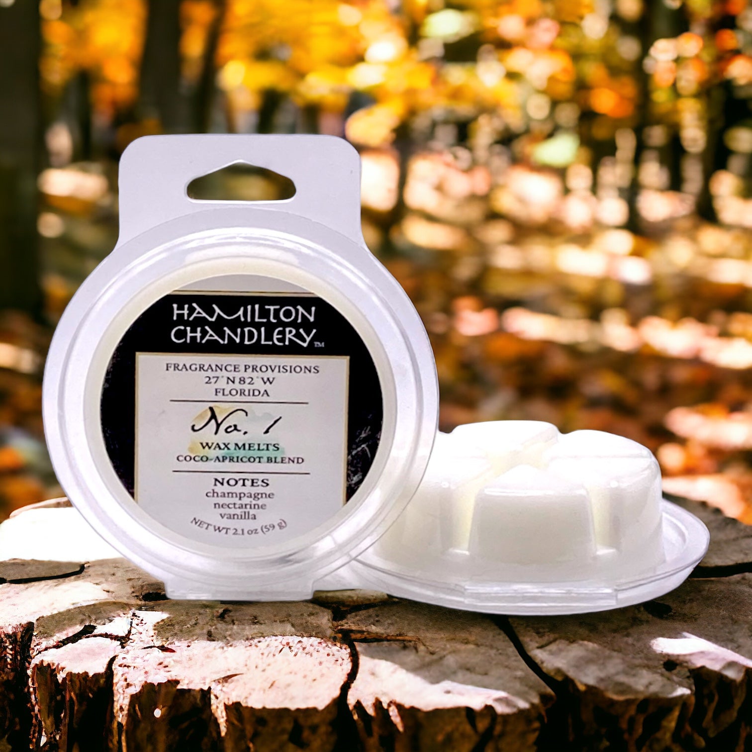 Fragrance No. 1 Wax Melts on Wood Stump in Forest Background | Hamilton Chandlery