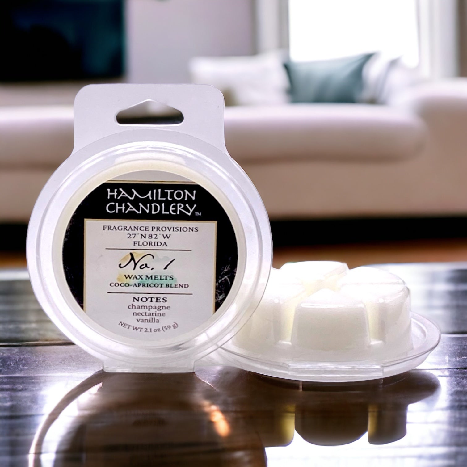 Fragrance No. 1 Wax Melts on Coffee Table in Cozy Living Room | Hamilton Chandlery