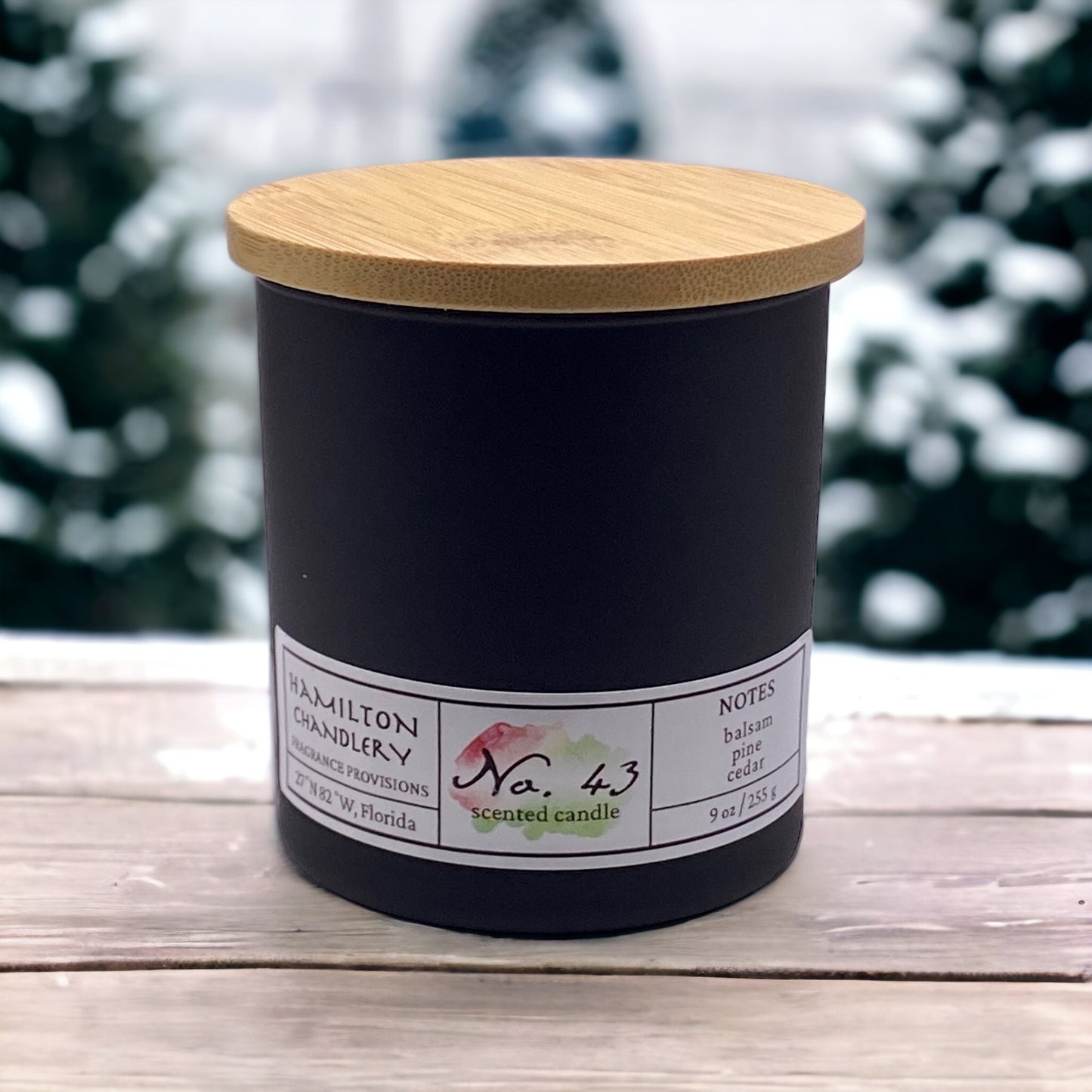 Fragrance No. 43 Matte Black Candle on Windowsill with Snow Covered Trees in Background | Hamilton Chandlery