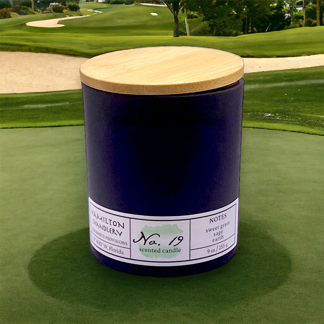 Fragrance No. 19 Blown Glass Candle with Bamboo Lid in Golf Course Setting | Hamilton Chandlery