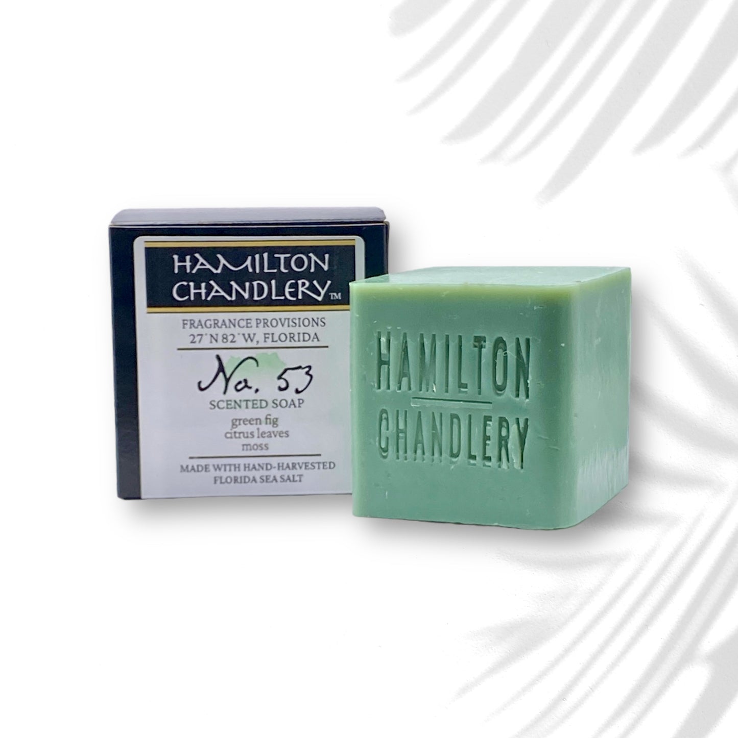 Fragrance No. 53 Sea Salt Soap with White Background and Plant Leaf Shadow | Hamilton Chandlery