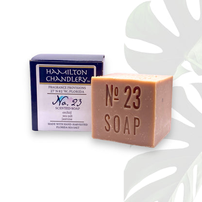 Fragrance No. 23 Sea Salt Soap with White Background and Plant Leaf Shadow | Hamilton Chandlery