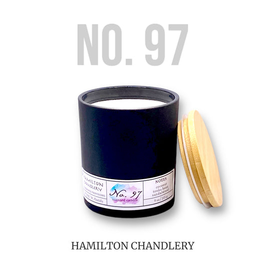 Fragrance No. 97 Blown Glass Candle and Bamboo Lid with White Background | Hamilton Chandlery