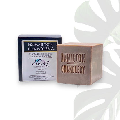 Fragrance No. 47 Sea Salt Soap with White Background and Plant Leaf Shadow | Hamilton Chandlery