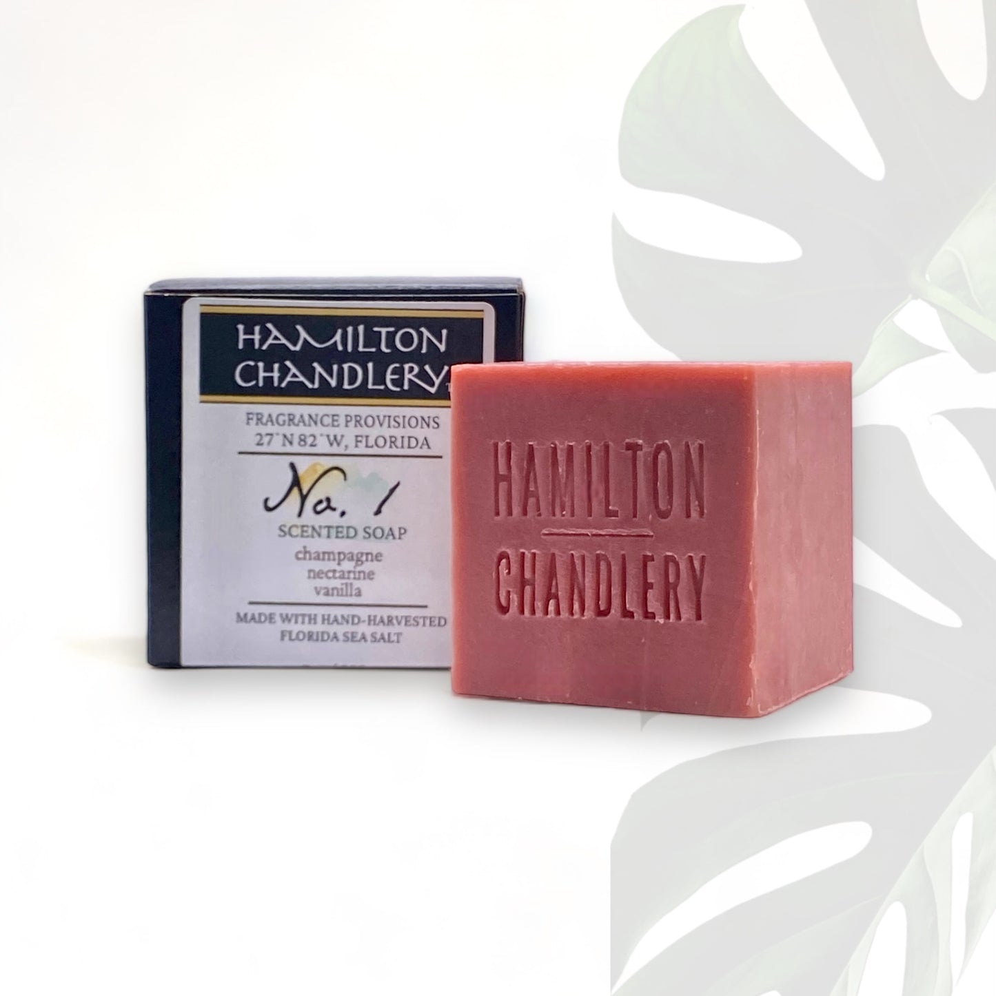 Fragrance No. 1 Sea Salt Soap with White Background and Plant Leaf Shadow | Hamilton Chandlery