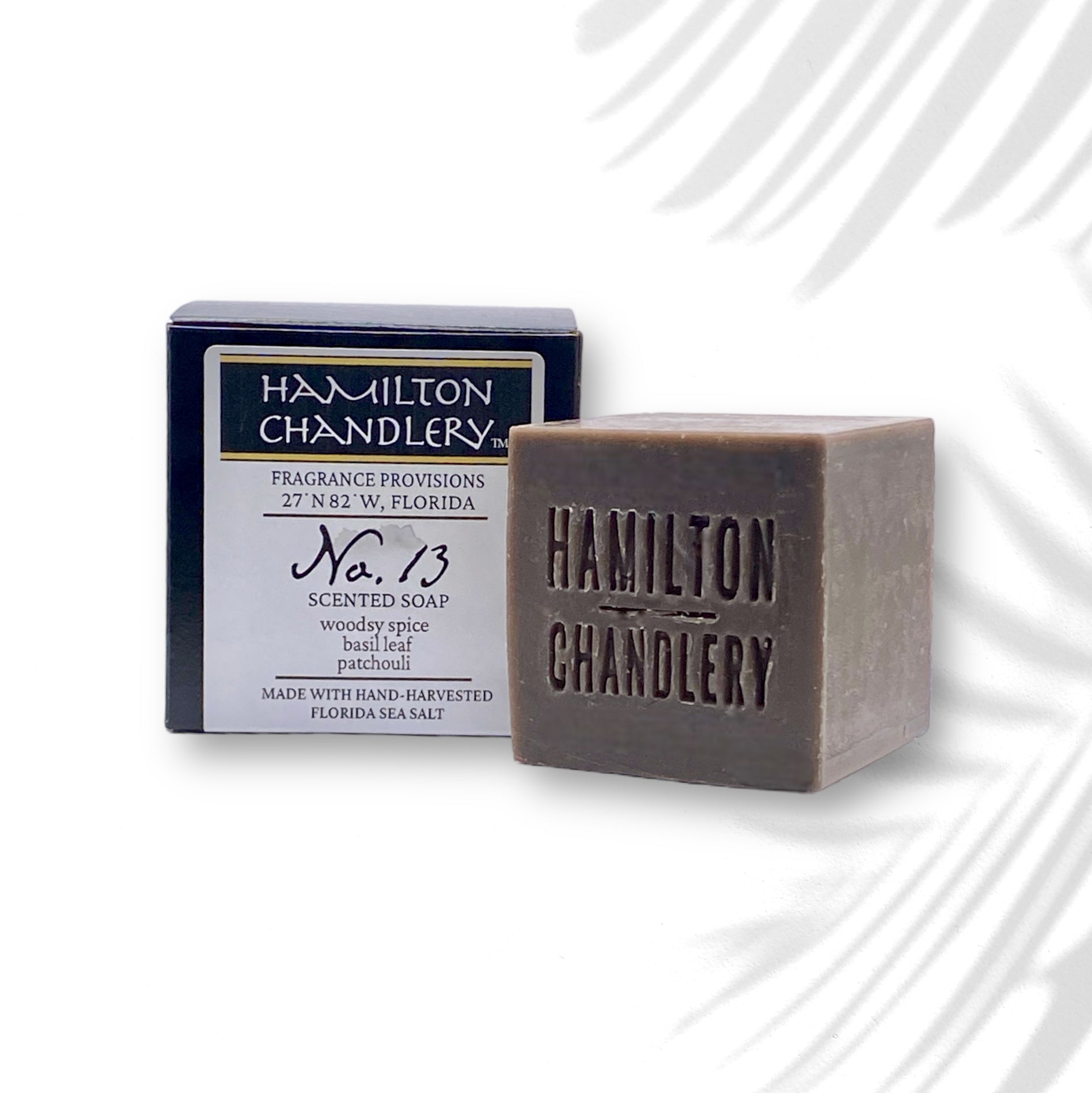 Fragrance No. 13 Sea Salt Soap with White Background and Plant Leaf Shadow | Hamilton Chandlery