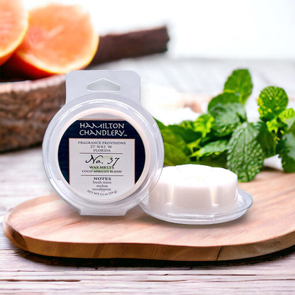 Fragrance No. 37 Wax Melts on Wooden Servicing Dish with Mint and Sliced Melon in Background | Hamilton Chandlery