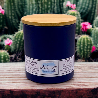 Fragrance No. 17 Blown Glass Candle on Wooden Table with Cactus Garden Background | Hamilton Chandlery