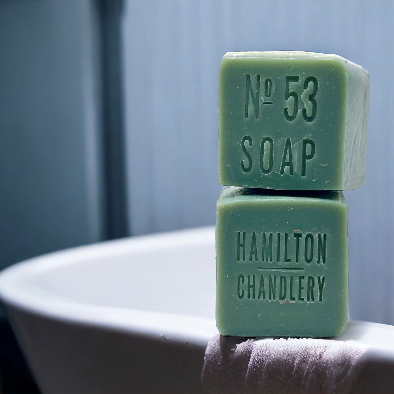 Fragrance No. 53 Sea Salt soap on edge of Bathtub | Hamilton Chandlery