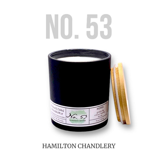 Fragrance No. 53 Blown Glass Candle and Bamboo Lid with White Background