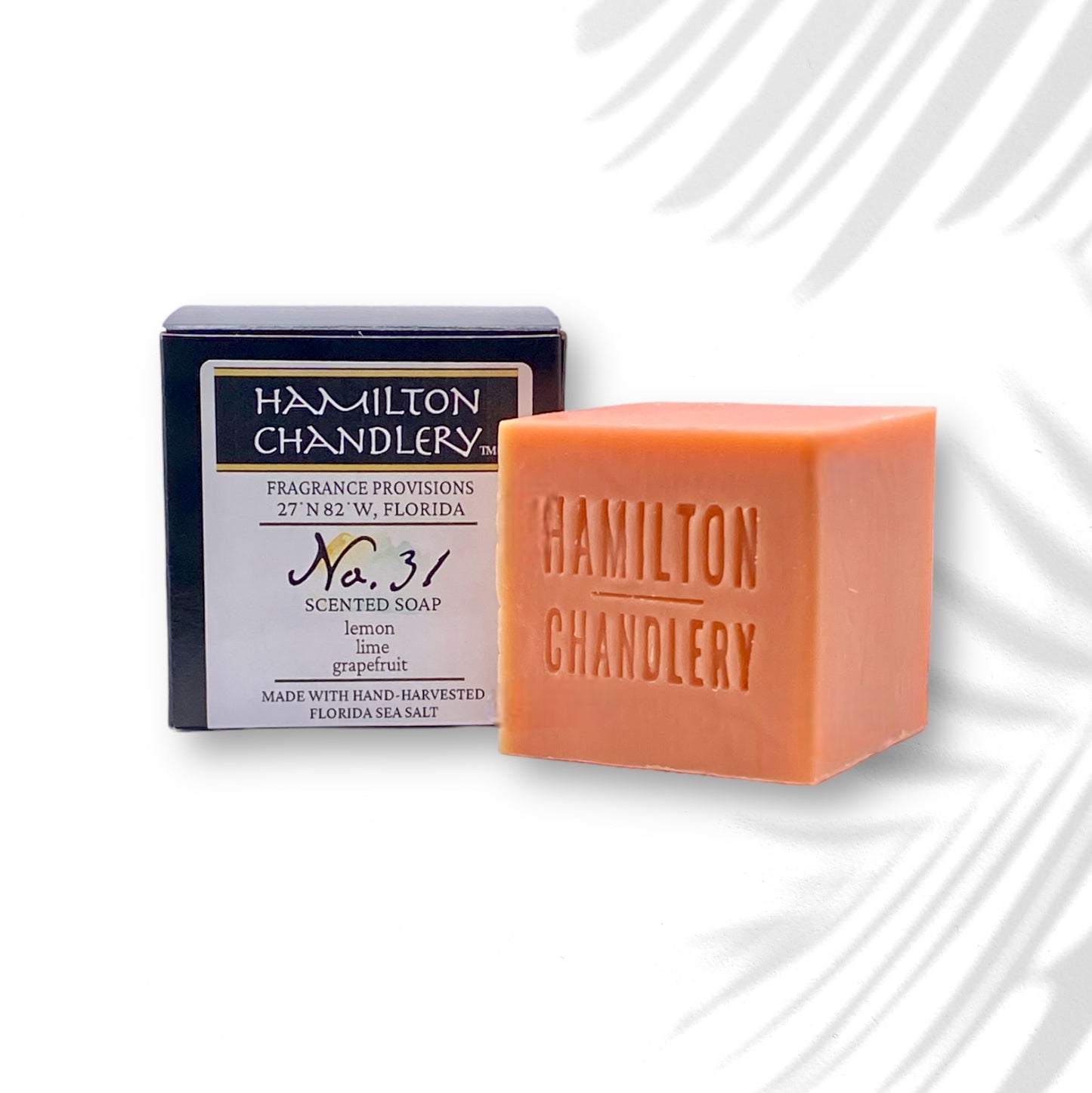 Fragrance No. 31 Sea Salt Soap with White Background and Plant Leaf Shadow | Hamilton Chandlery