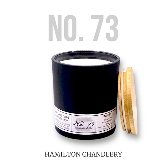 Fragrance No. 73 Blown Glass Candle and Bamboo Lid with White Background | Hamilton Chandlery