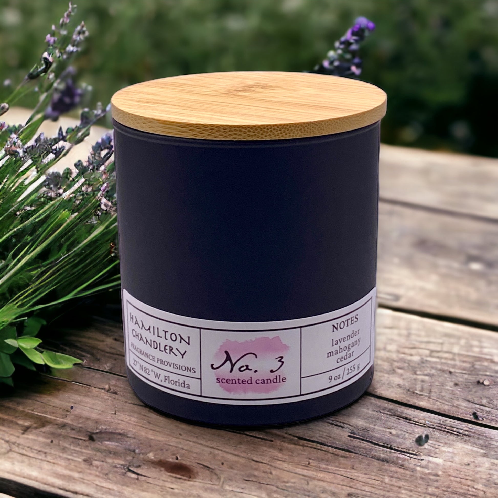 Fragrance No. 3 Blown Glass Candle on Wooden Table with Fresh Cut Lavender | Hamilton Chandlery