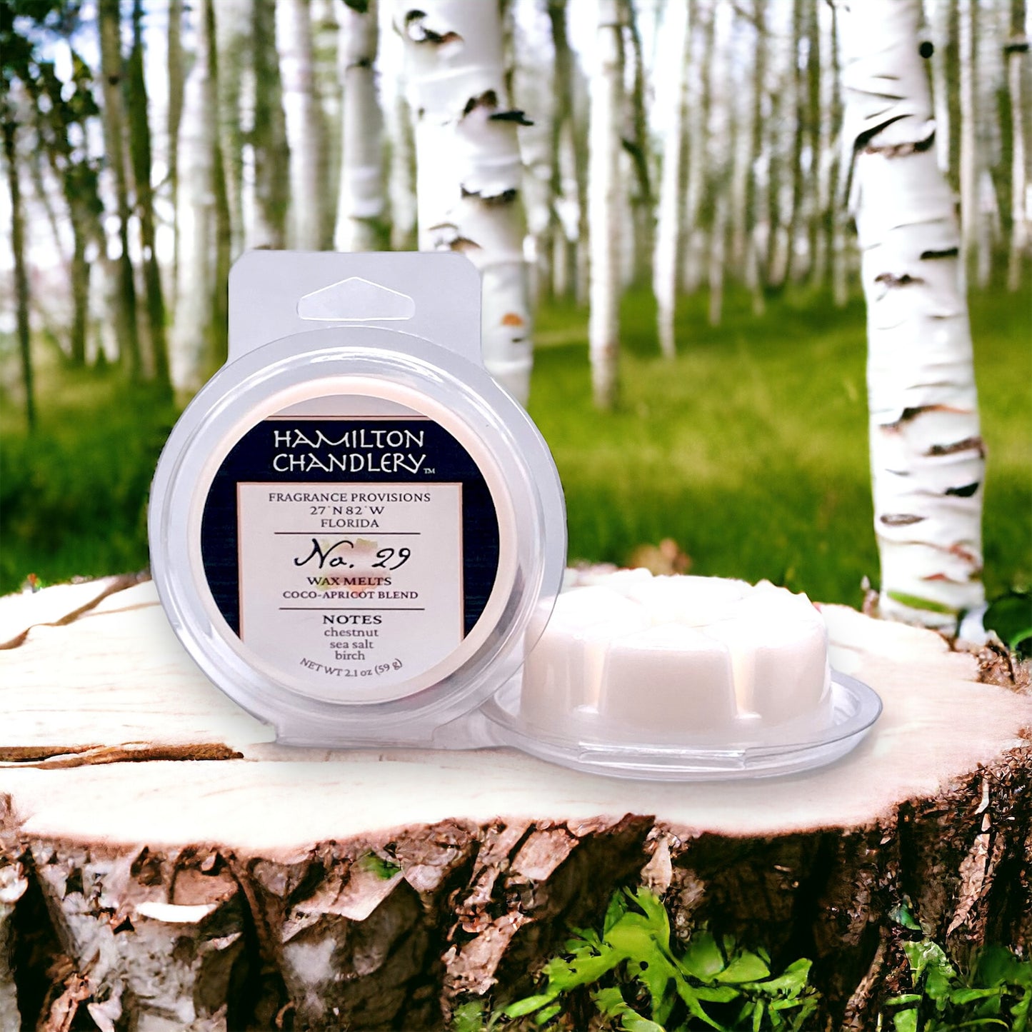 Fragrance No. 29 Wax Melts on Stump with Birch Trees in Background | Hamilton Chandlery