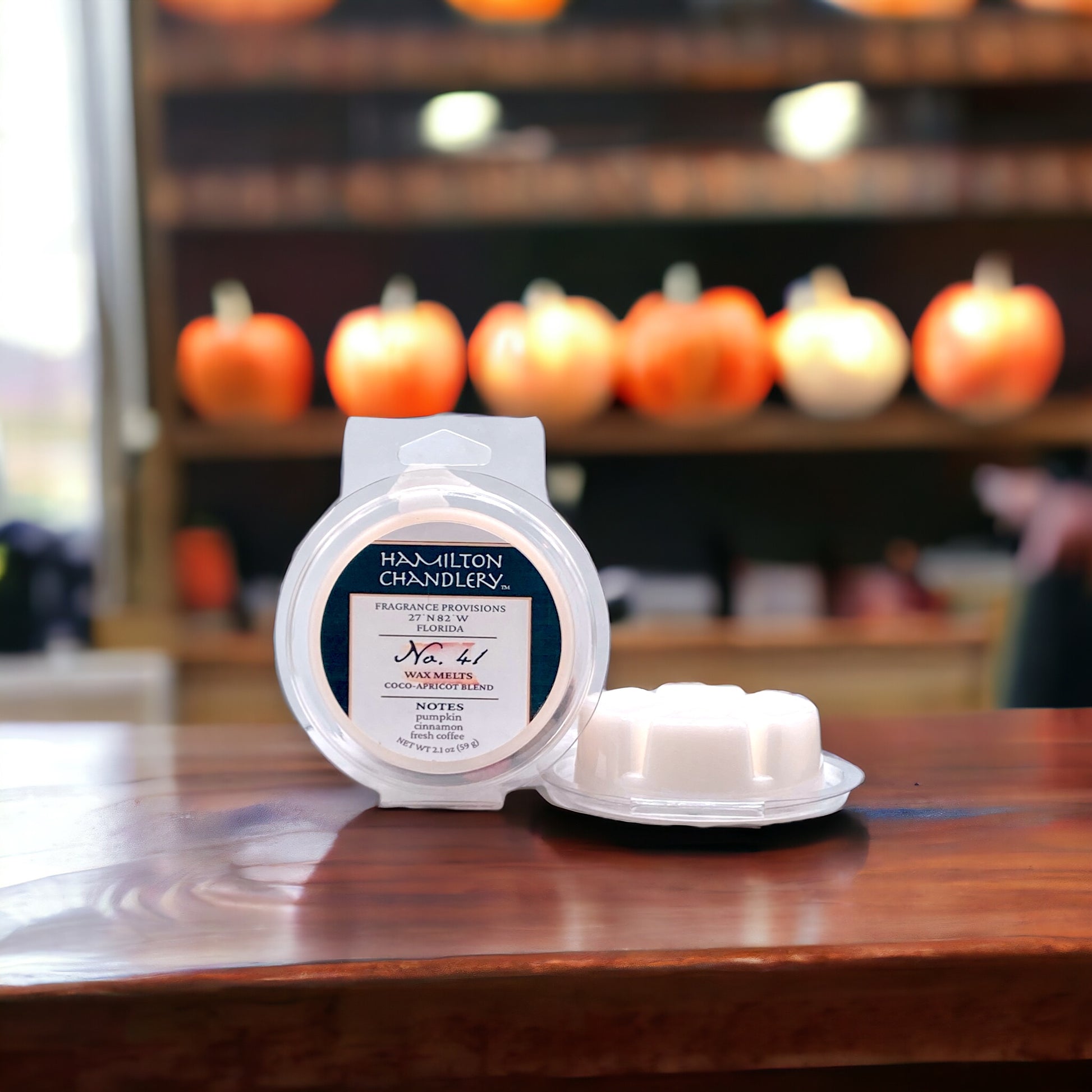 Fragrance No. 41 Wax Melts in Coffeeshop with Pumpkins in Background | Hamilton Chandlery