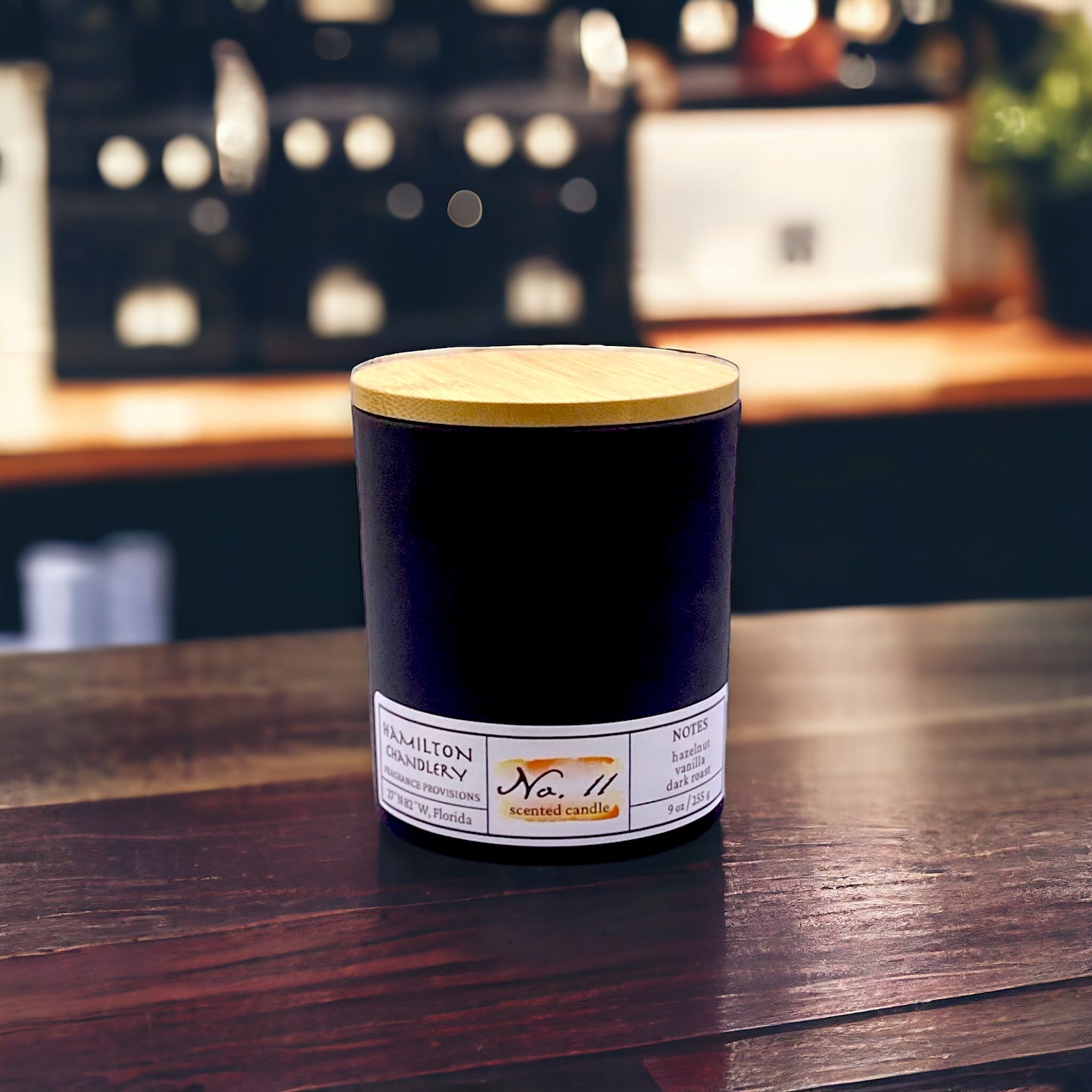 Fragrance No. 11 Blown Glass Candle with Bamboo Lid  in Coffee House Setting | Hamilton Chandlery