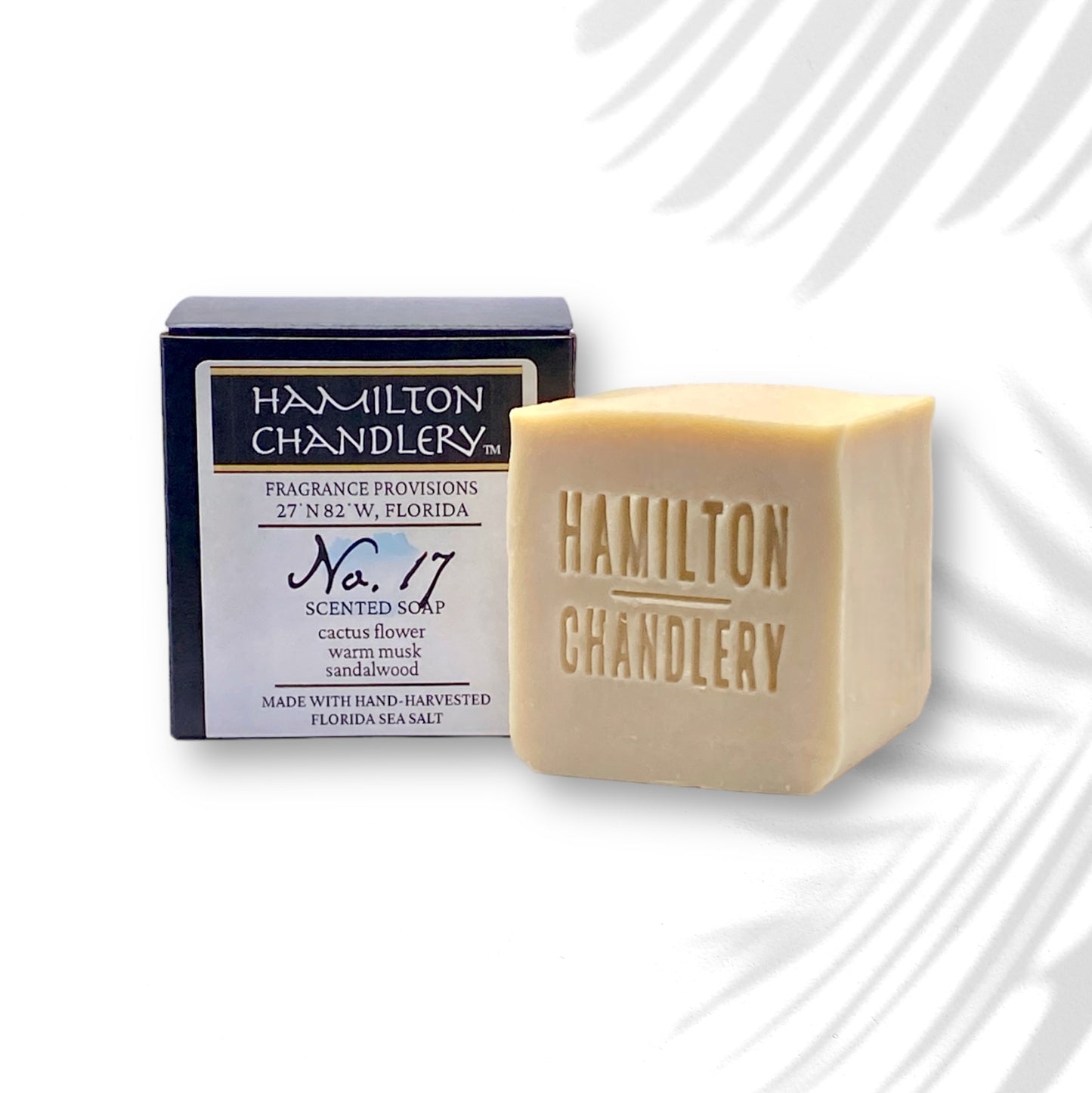Fragrance No. 17 Sea Salt Soap with White Background and Plant Leaf Shadow | Hamilton Chandlery