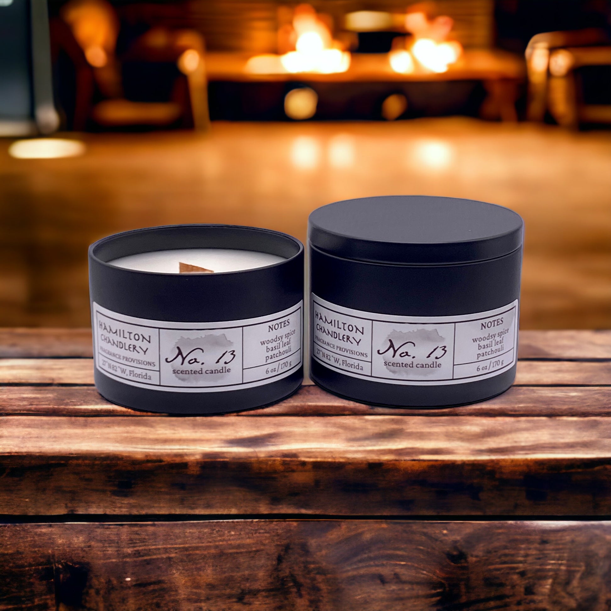 Fragrance No. 13 Travel Tin Candles in Cabin Setting | Hamilton Chandlery