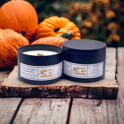 Fragrance No. 41 Travel Candles with Pumpkin Patch Background | Hamilton Chandlery